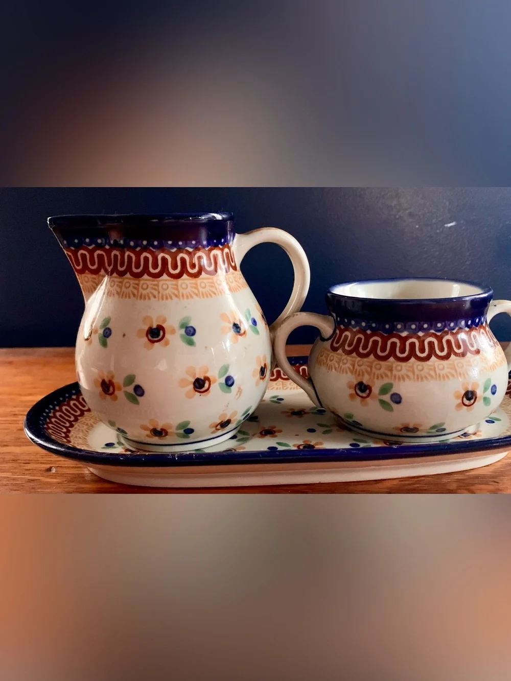 Hand-Painted Floral Ceramic Creamer & Sugar Set in Cream and Blue Polish Pottery